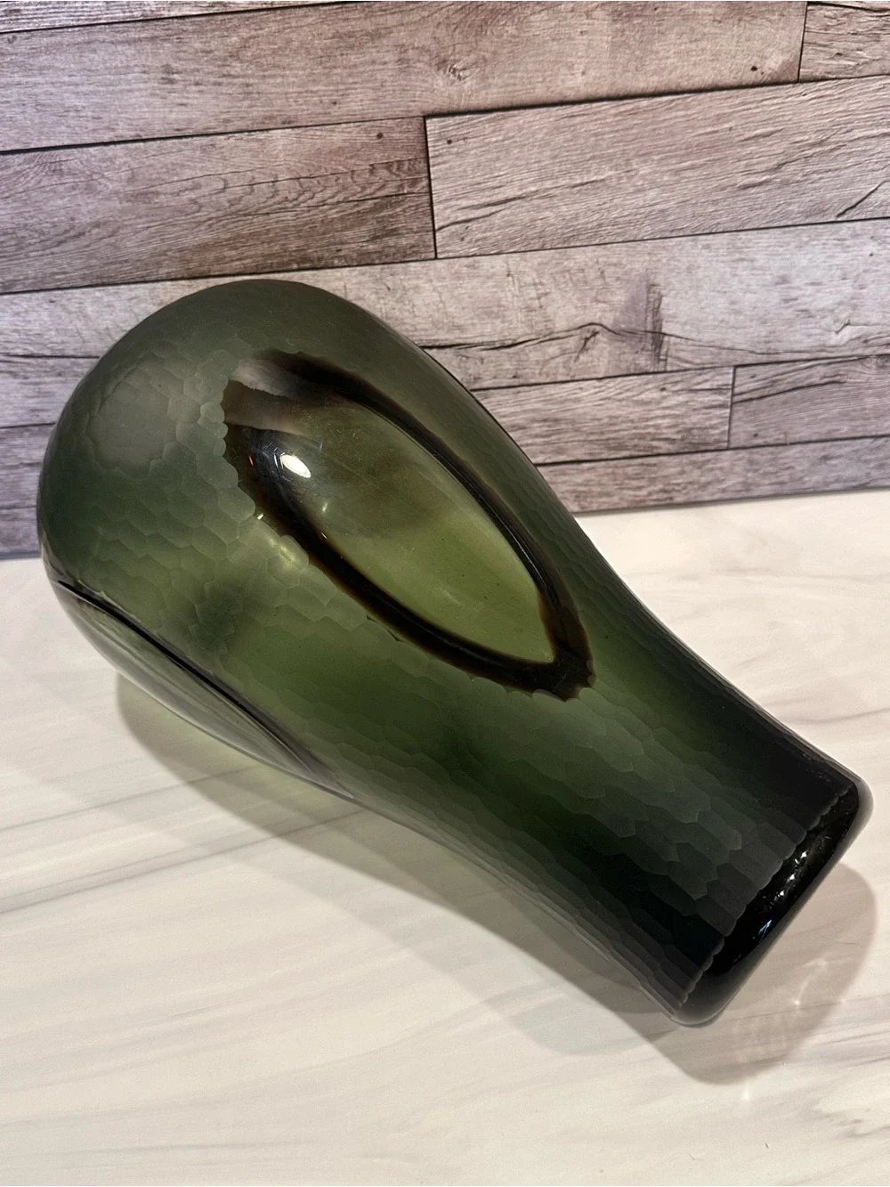 Modern Avocado Green Glass Floor Vase Large 13 Inch Dimpled Teardrop Unbranded